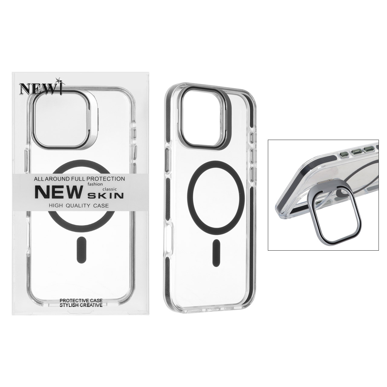 قاب اورجینال New Skin شفاف کریستالی MagSafe لنز استندشو Apple iPhone 16 Pro Max - مشکی (پک دار)